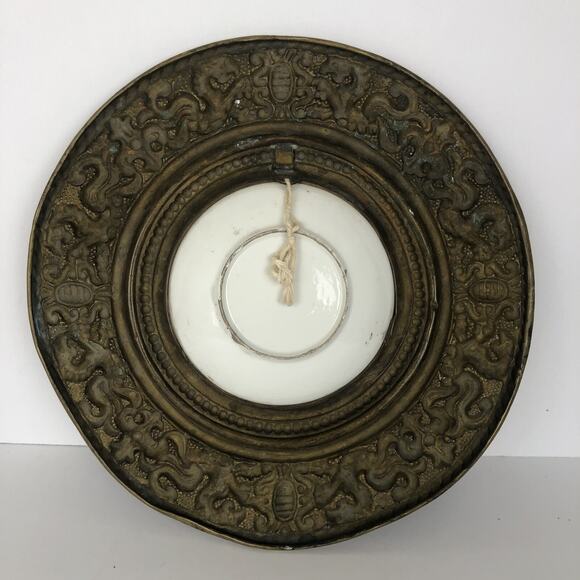 Antique Embossed Brass Frame Hand Painted Miniature Landscape Decor 12" Dia - Picture 3 of 12